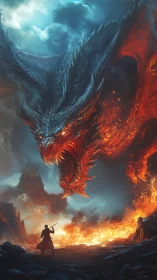 Volcanic dragon confronts lone swordsman in high-contrast inferno