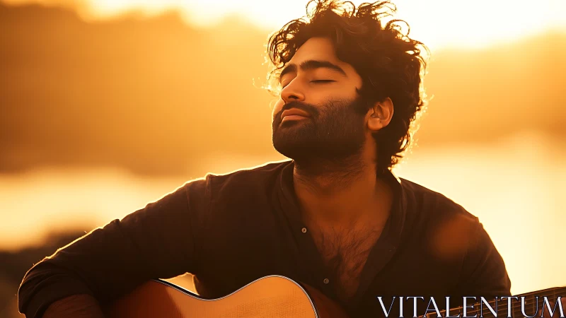 Man with acoustic guitar seated outdoors at sunset period.