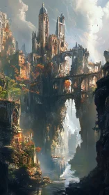 Vertical canyon city ruins with river and arched bridges.