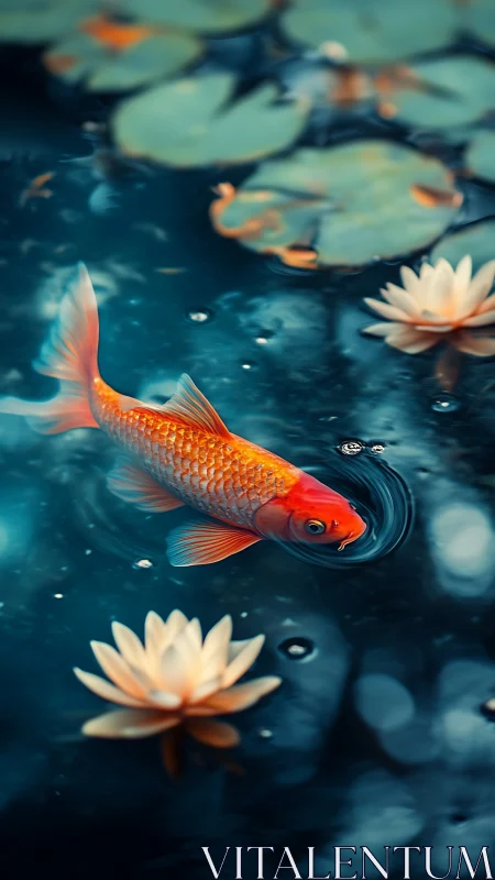 Vibrant koi glides through dark pond among soft lilies.