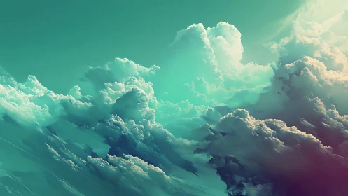 Emerald stormcloud kingdoms drifting through a luminous sky.