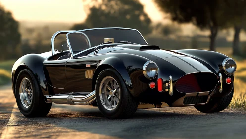 Classic black roadster under warm sunset rim lighting.