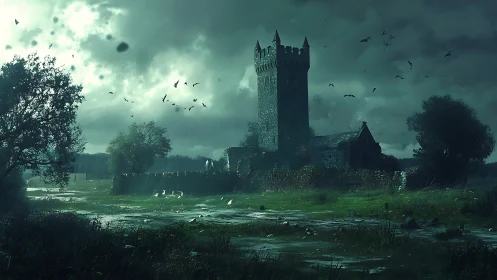 Stormy marshland with lone stone watchtower at dusk.