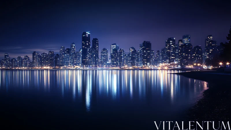 Night city skyline reflects across calm urban harbor