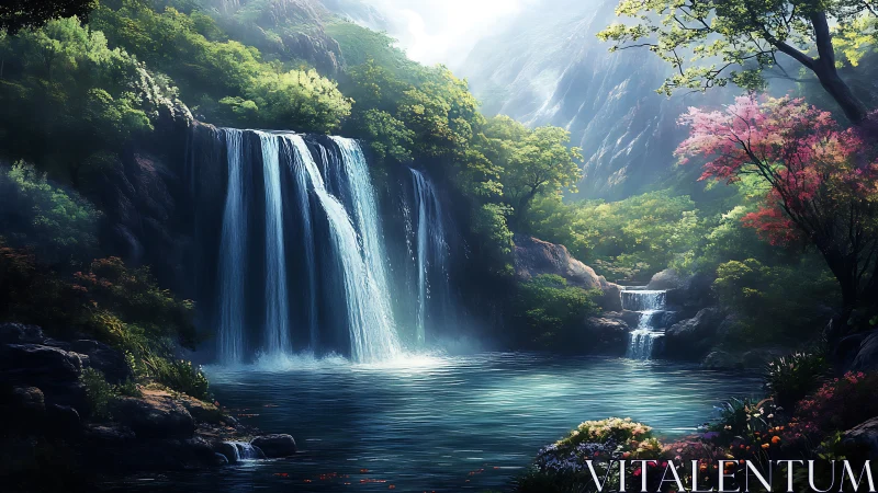 Mystic forest waterfall pool under soft morning light.