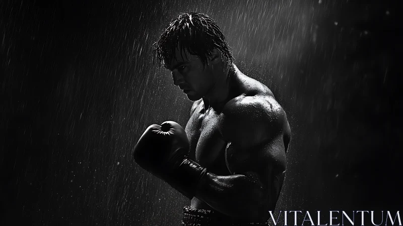 Monochromatic Boxing Portrait with Rainfall: Muscular Athlete in Combat Stance