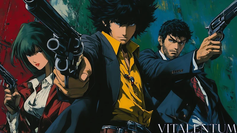 Stylized armed trio in dynamic frontal anime composition.