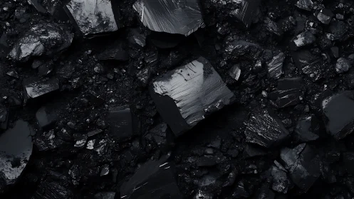 Black coal fragments with sharp textures and rough surfaces.
