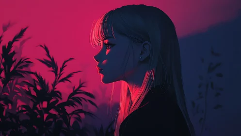 Neon side profile portrait under deep magenta dusk glow.