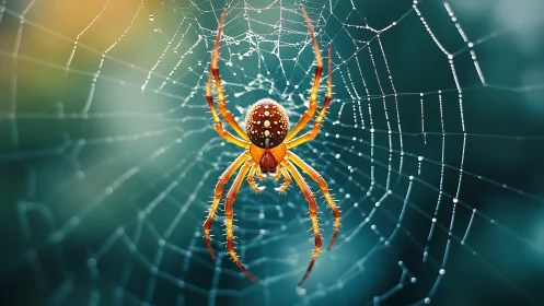 Jewel-toned spider poised at the luminous heart of its web.