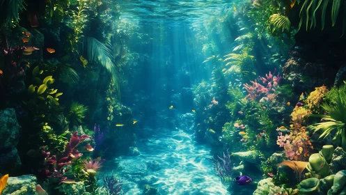 Sunlit tropical reef canyon with volumetric caustic lighting