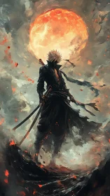 Lone swordsman silhouette dominates infernal lunar backdrop