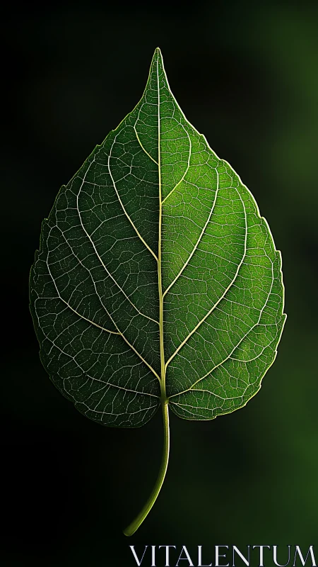 Macro botanical study of single green leaf vein network on black