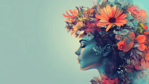 Surreal female portrait merges floral dreams with soft light