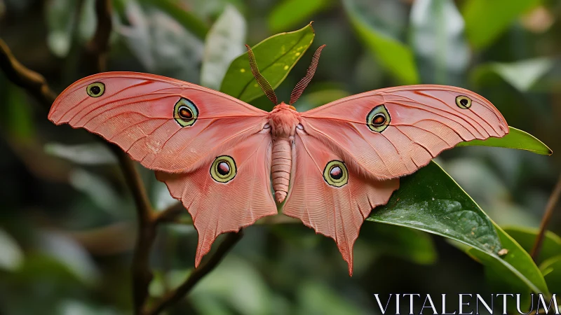 Pink moth with eye-patterned wings on glossy green leaves.