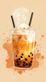 Boba Tea Illustration with Watercolor Splatter Effect.