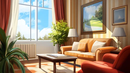 Sunlit living room with orange sofa and large window view