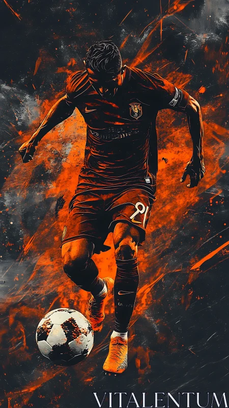 Dynamic soccer player drives ball through fiery orange spray