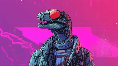 Neon raptor rebel in shades prowls a synthwave skyline.