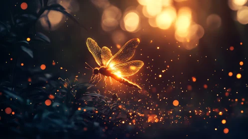 Golden dragonfly drifts through glowing sparks at dusk