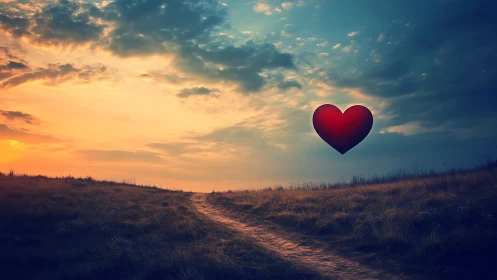 Love's Compass: Heart Rising Over Golden Pathways.