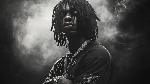 Photorealistic moody portrait in dramatic smoke-filled chiaroscuro.