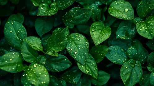 Raindrops scatter like tiny lanterns across emerald leaves