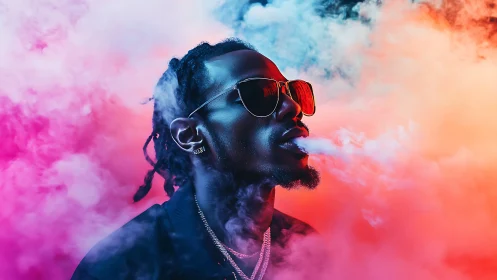 Neon smoke swirls around stylish man in sunglasses.