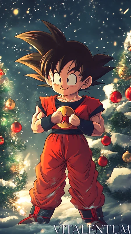 Anime boy holds glowing sphere among snow lit Christmas trees