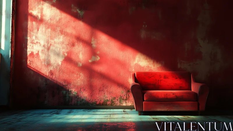 Red couch in worn interior with angled sunlight beams.
