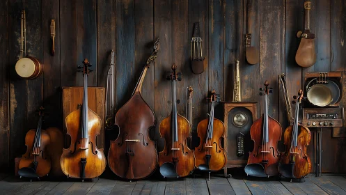 Wooden wall orchestra waits in amber-tinted, hushed rehearsal.