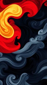 Digital painting of swirling red and gray abstract currents.