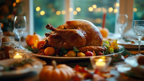 Roast turkey centerpiece on autumn holiday table, bokeh lights