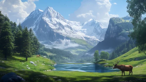 Snowcapped alpine peaks reflect over tranquil forest lake.