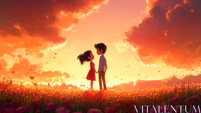 Two Hearts Glow in Golden Meadow of Wildflower Dreams.