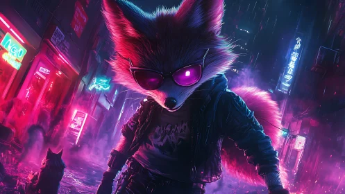 Cyberpunk fox in neon alley with intense magenta glow.