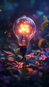 Glowing flower filament bulb amid luminous forest flora.