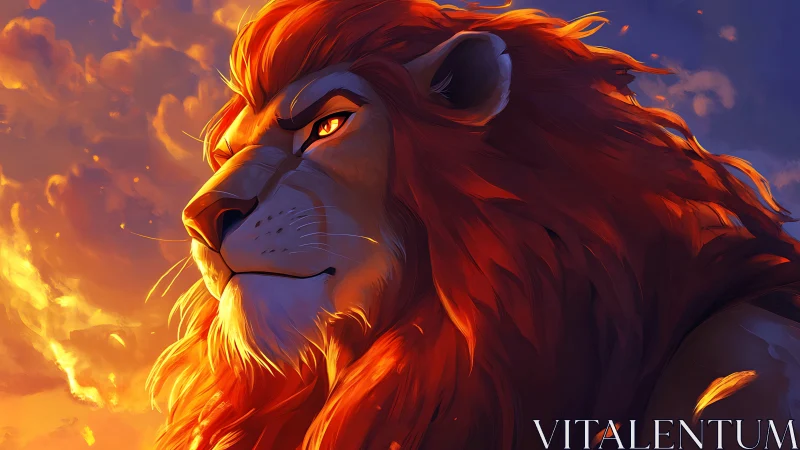 Fiery sunset lion profile in warm dramatic lighting.