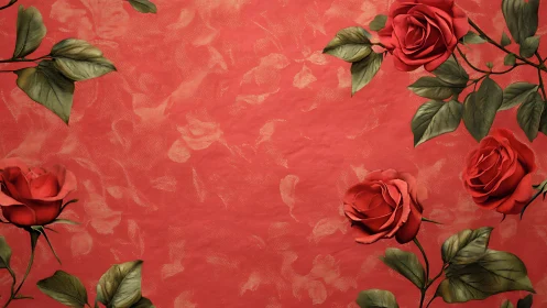 Red Roses with Green Leaves on Crimson Damask Background