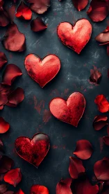 Red Heart Forms on Dark Surface with Rose Petals.