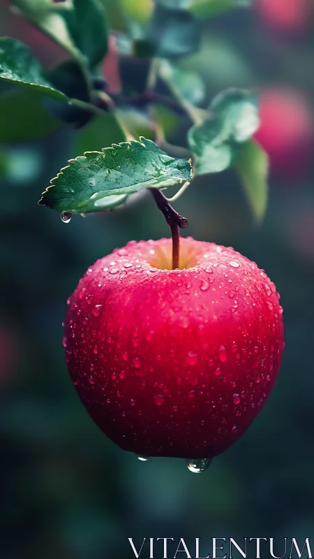 Photorealistic macro study of dewy red apple on branch.