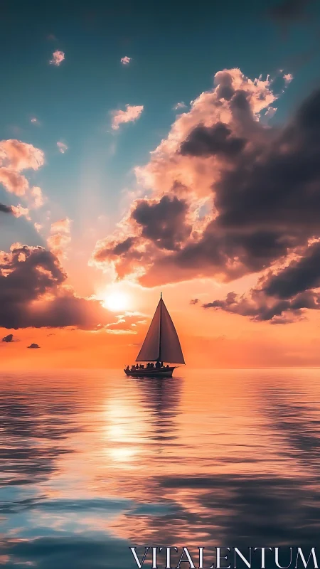 Silhouetted sailboat on glassy sea under radiant sunset clouds