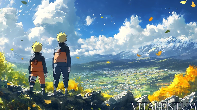 Two anime figures observe valley town with distant mountains.