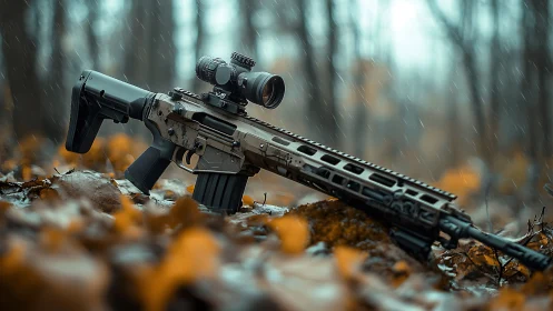 Tactical Rifle with Optics on Rocky Ground in Rain.