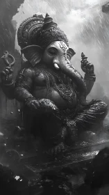 Rain-soaked elephant deity brooding in monochrome splendor.