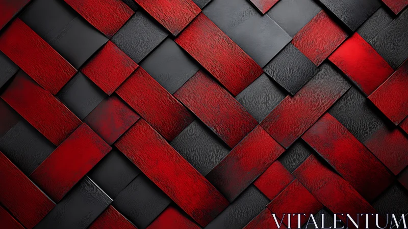 Warm red and black woven panels with bold geometric rhythm.