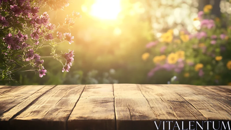 Backlit rustic wooden table with shallow‑focus summer flora.