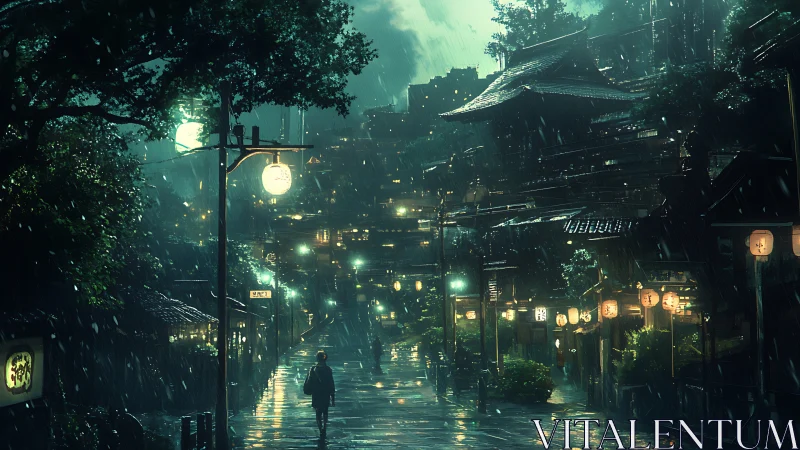 Rainy lantern-lit street inviting quiet nighttime wanderers.
