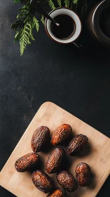 Dates on wooden board with coffee cup and foliage above.