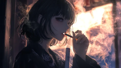 Girl with short dark hair exhales vapor in warm backlight